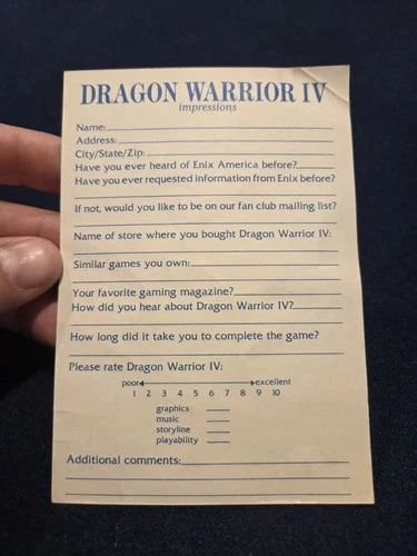 Dragon Warrior IV 4 Nintendo NES ENI-D4-US Rare Registration Impressions Card