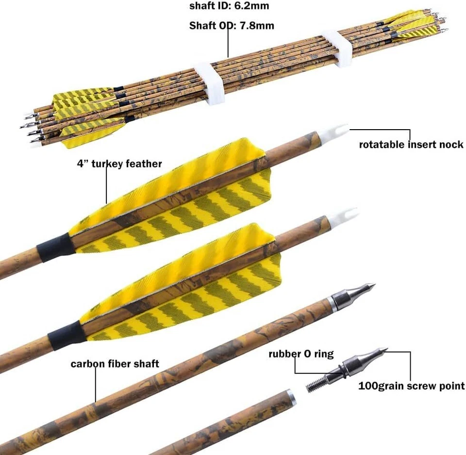 6/12X 30" Archery Carbon Arrow Spine 500 4" Natural Feather Bow Hunting Target - Image 3 of 4