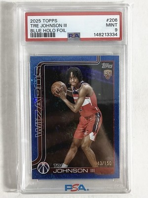 Topps 2025 Tre Johnson III #206 Wizards Blue Holofoil RC 043/150 PSA 9