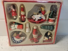 set of 10 vintage wooden miniature Christmas ornaments in origjnal box