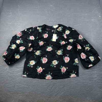 Boden Blouse Womens 14 Black Round Neck Long Balloon Sleeve Floral Cotton Print