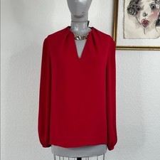 Valentino Silk Cady V Logo Chain Necklace V Neck Rosse Red Pouf Sleeve Blouse To