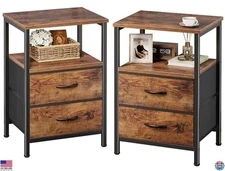 Huuger Set of 2 Nightstands - Rustic Brown Bedside Tables with 2 Drawers & Shelf