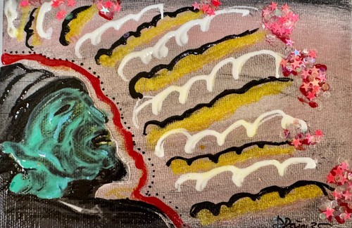 Small Mixed media original art collage assemblage 4 x 6" on canvas board