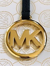 Michael Kors MK Logo Gold Charm Black Pebble Leather Strap Handbag Hang Tag Fob