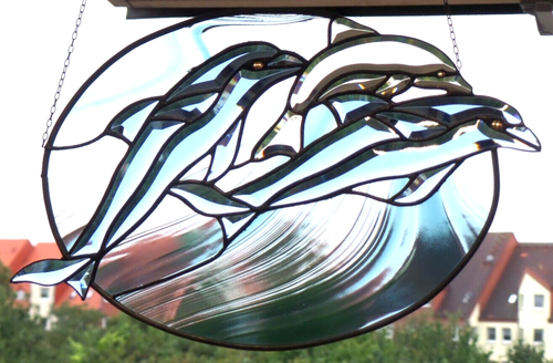 Bleiverglasung Fensterbild  Facetten- Delphin- Familie im Oval in Tiffany - Bild 9 von 15