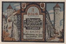 1 MARK 1921 City of ROTHENBURG OB DER TAUBER Bavaria GERMANY Notgeld #PG150.U