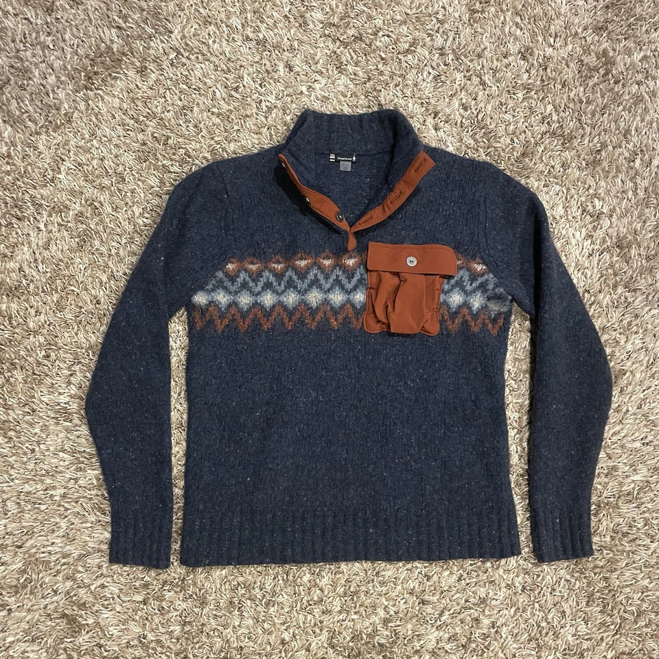 Smartwool Heavy Henley Long Sleeve Wool Sweater Sweatshirt Mens Sz M Blue Brown - Image 2 of 4