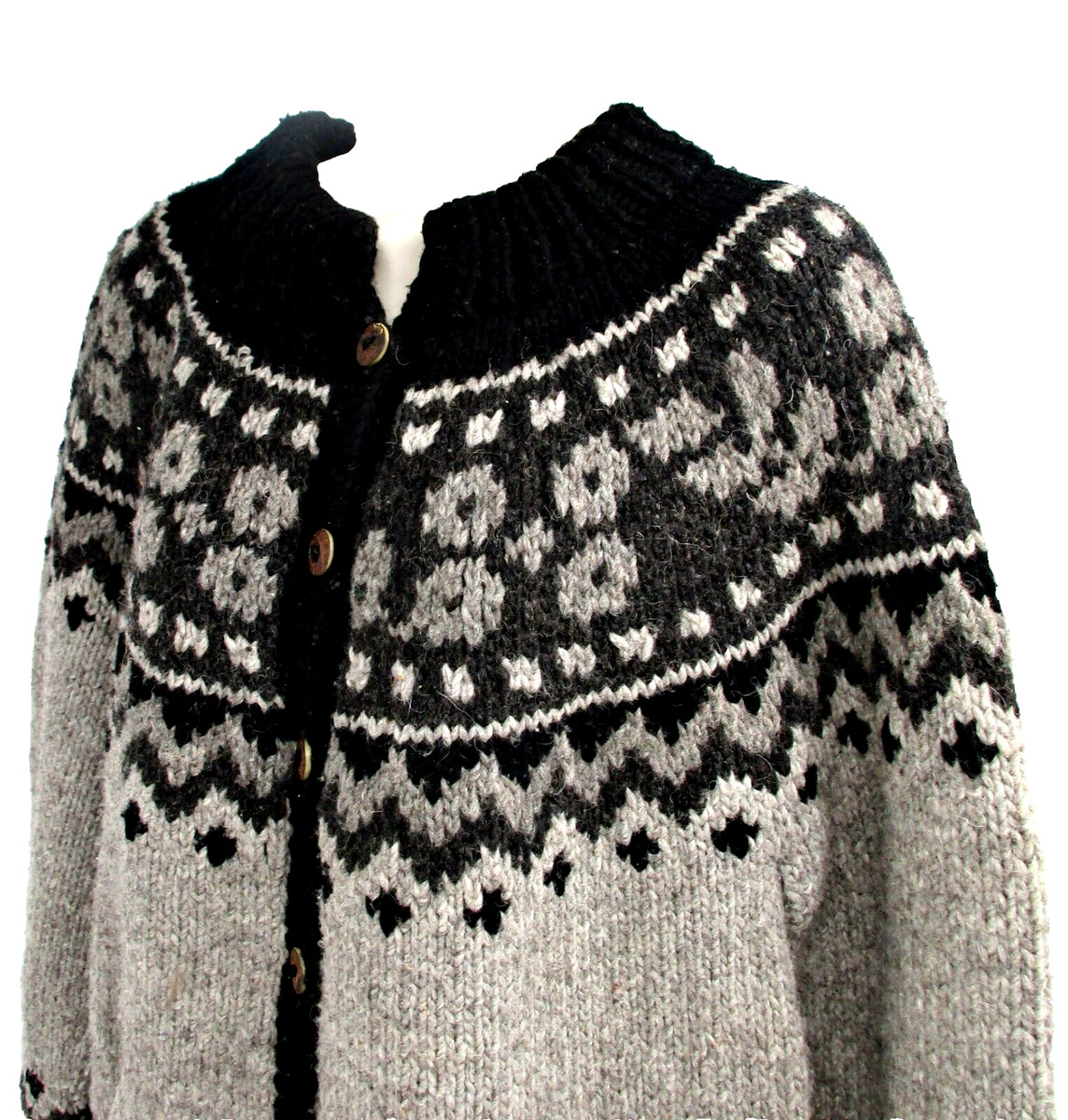 VINTAGE Otavalo Native American Tan/Black Wool Hand Knit Cardigan 