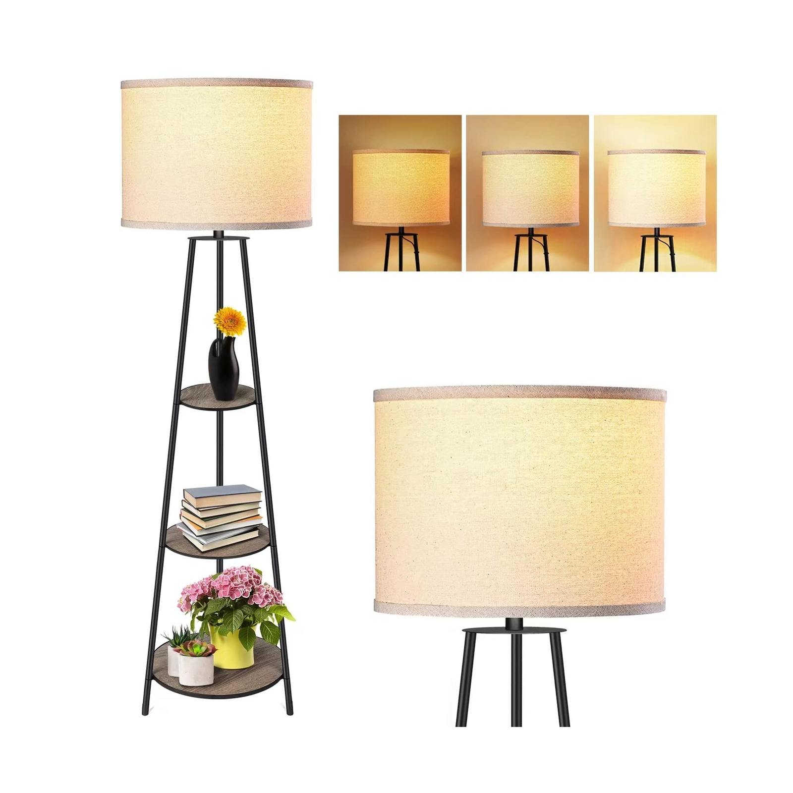 Floor Lamp, 3-Tier Round Corner Shelf Floor Lamp with 3 Dimmable Levels - Sim...