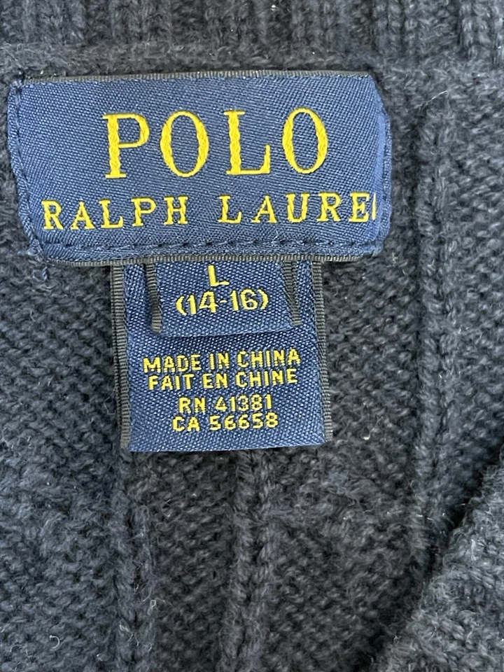 Polo por Ralph Lauren Suéter Chaleco Niños Talla L 14-16 Azul Marino Tejido con Cable Algodón Foto 3 de 4