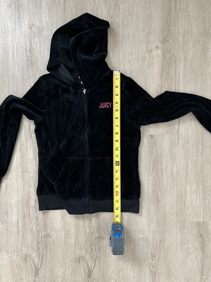 JUICY COUTURE Black Velour Hoodie Track Jacket Girls 8/10 Rhinestone Smiley Y2K - Image 3 of 4