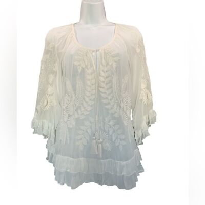 Anthropologie Akemi+Kin sheer floral embroidered, ruffle, tassels top size small