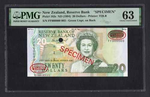 New Zealand 20 Dollars ND(1994) P183s "Specimen N003 " UNC Grade 63