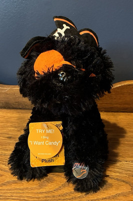 Animated Halloween Plush SINGS I Want Candy Black Scottie Dog Pirate Works