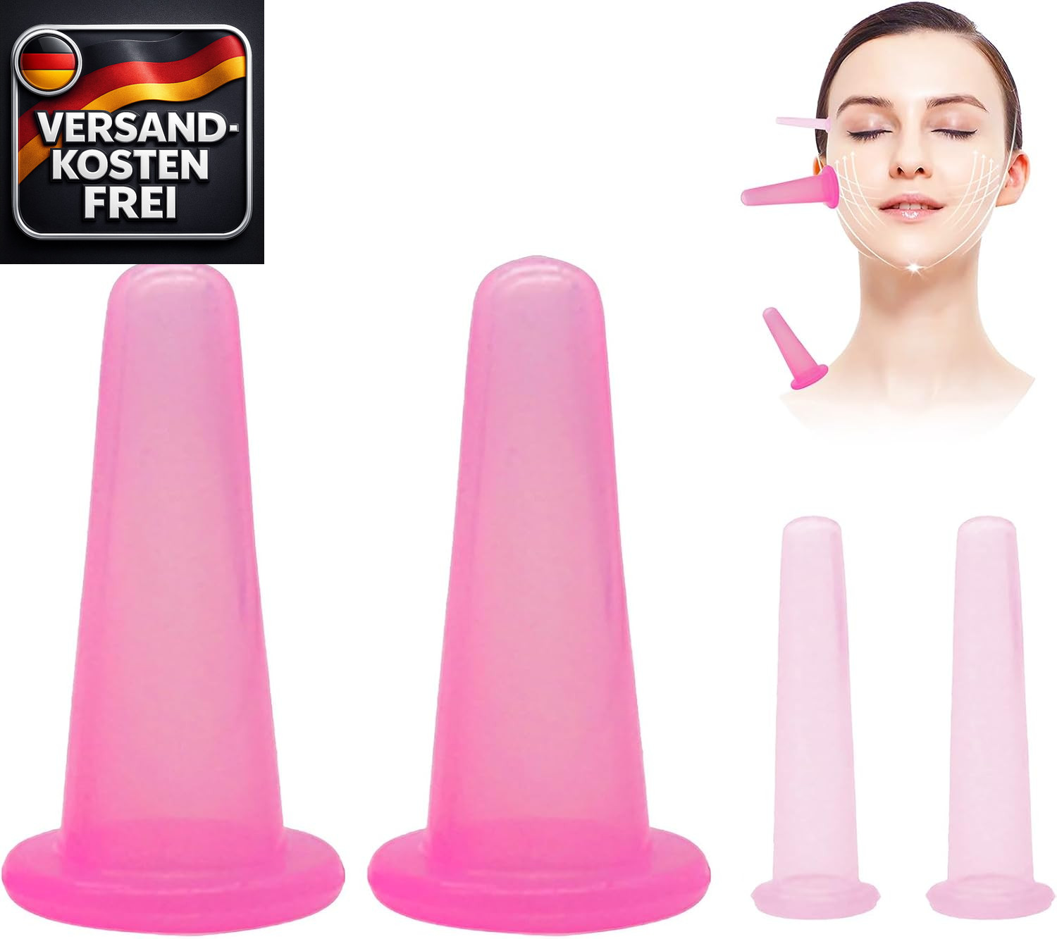 Silikon Schröpfgläser Gesicht Facial Cupping Set Massage Cellulite Rosa 4 Stück