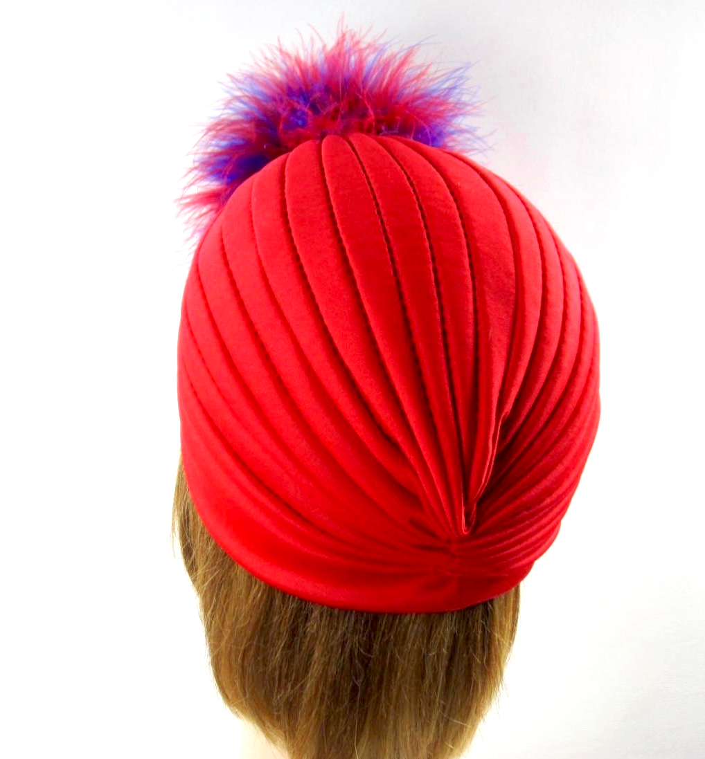 Red Turban Hat Purple Jewel Rhinestones Red Purple Marabou  display picture 1