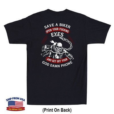 Skull Save A Biker Open Your Eyes Get Off Your Phone(Print On Back)Men's T-Shirt
