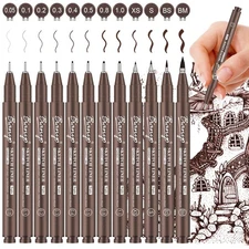 Sepia Tone Drawing Pen Set, 12 Assorted Sizes Sketch Liner, Water-Resistant A...