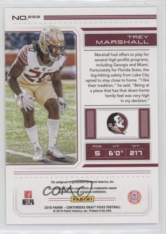2018 Contenders Draft Picks Cracked Ice Ticket /23 Trey Marshall Rookie Auto RC - Image 2 of 2