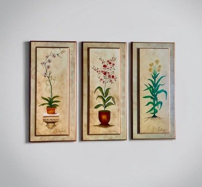 Original handbemaltes Triptychon: 3er Set botanische Blumen Holzplatten (Orchideen &