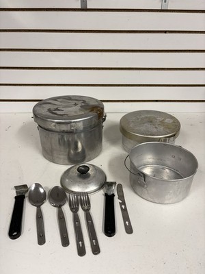 Vintage Aluminum, Camping Cook Set 13 Pieces Pots, Lids, And Silverware BH