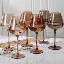 Physkoa Venus Wine Glasses Set of 6-18oz Hand Blown Amber Wine Glass with Ste...