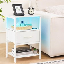 White Nightstand with Charging Station LED Light 3 Tier Small Side Table