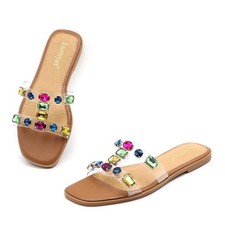 Women's Clear Slide Sandals with Rhinestone Embellished Strap, Flat Slip-On