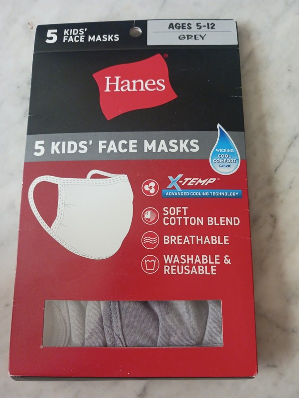 Hanes 5 Pack Kids’ Face Masks Grey Ages 5-12 New Unisex