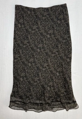 Allison Taylor 100% Silk Chiffon Abstract Lined Ruffle Midi Slip Skirt Black L - Image 1 of 4