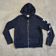 Sundry Zip Up Stars Sleeve Hoodie Womens 2 Navy Blue Soft Pima Cotton Pockets