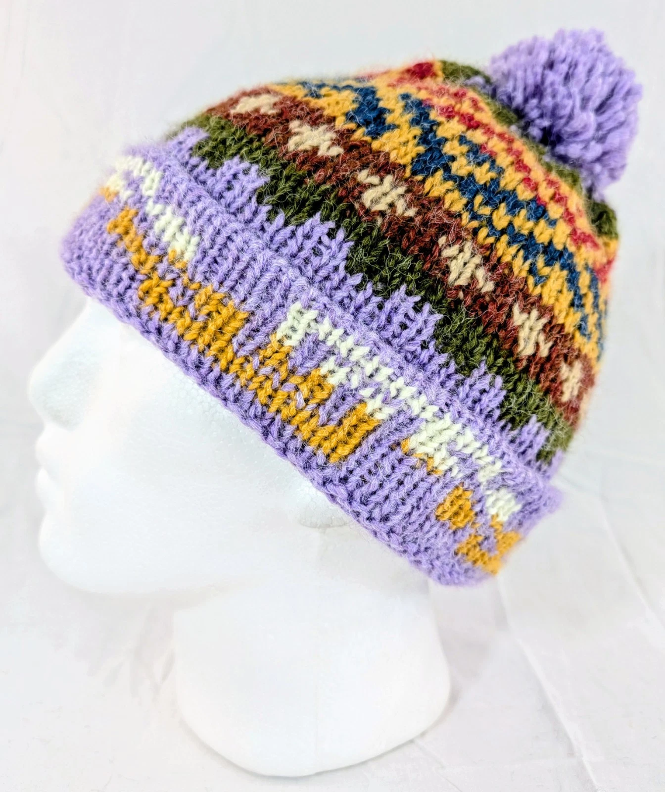 Colorful Soft Alpaca Beanie Pom Pom Handmade Purple Unisex Boho Peru