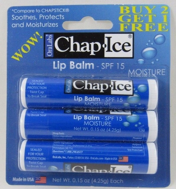 OraLabs Chap Ice 3 x Lip Balm SPF15 Moisture 0.15oz Each Made in USA