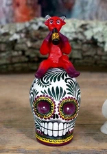 Baby Devil Drinking a Beer Sugar Skull Day of the Dead Handmade Mexican Folk Art