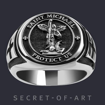 Saint St Michael Ring Archangel Protect Us Catholic Silver 925 size 8-13 US