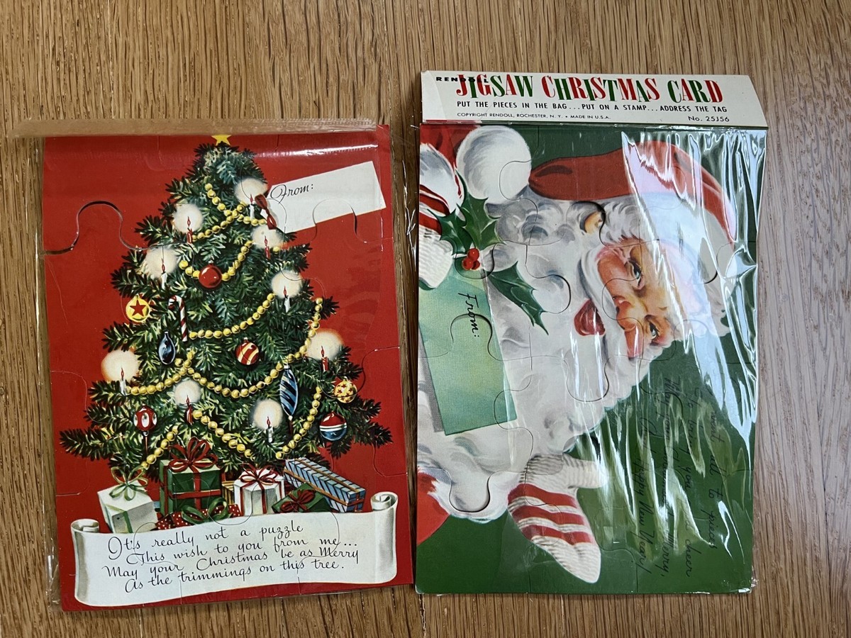 Rare Vintage 1950s Christmas Card Jigsaw Puzzle Lot of 2, Rendoll New York Brand Rare Vintage 1950s Christmas Card Jigsaw Puzzle Lot of 2, Rendoll New York Brand