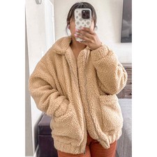 I.am.gia Women's Beige Teddy Sherpa Jacket Patch Pockets Oversized Size Xs