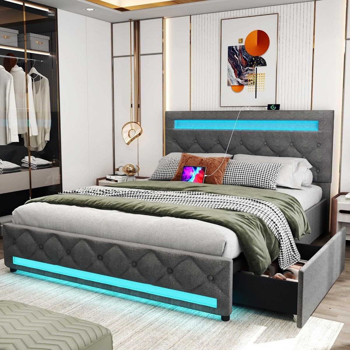 Twin LED Bed Frame With Charging Station, Upholstered Platform Bed Frame With Headboard, Under Bed Storage, No Box Spring Needed, Noise Free