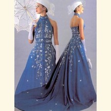 Retro Blue Embroidered Halter Wedding Dresses Sweep Train Sleeveless Bridal Gown