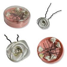 Satin Flower Hair Pins Rhinestone Plastic Case Vintage 1960s