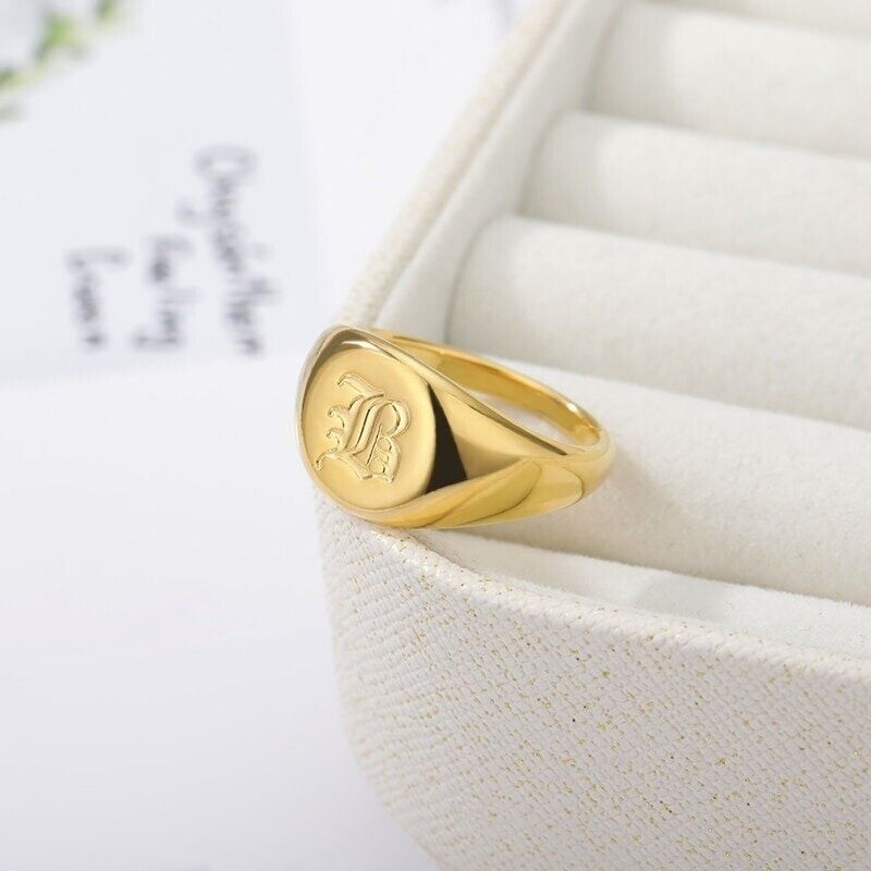 18K Gold Initials Ring, Gold Initials Signet Ring, Dainty Initial Ring for  Women