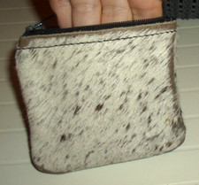 Genuine Leather and Fur Zippered Coin Purse Gray Black Spotted YKK Zip 4" x 3.5"