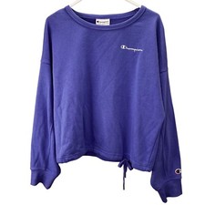 Champion Campus French Terry Sweatshirt Cropped M Drawstring Hem Blue Spellout