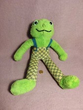 Vintage 15" Dakin GREEN FROG BLUE CHECKED OVERALLS plush stuffed 70s