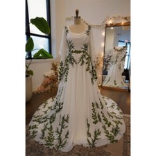 Chiffon Wedding Dresses Green Applique Sweep Train Floor Length Bridal Gowns