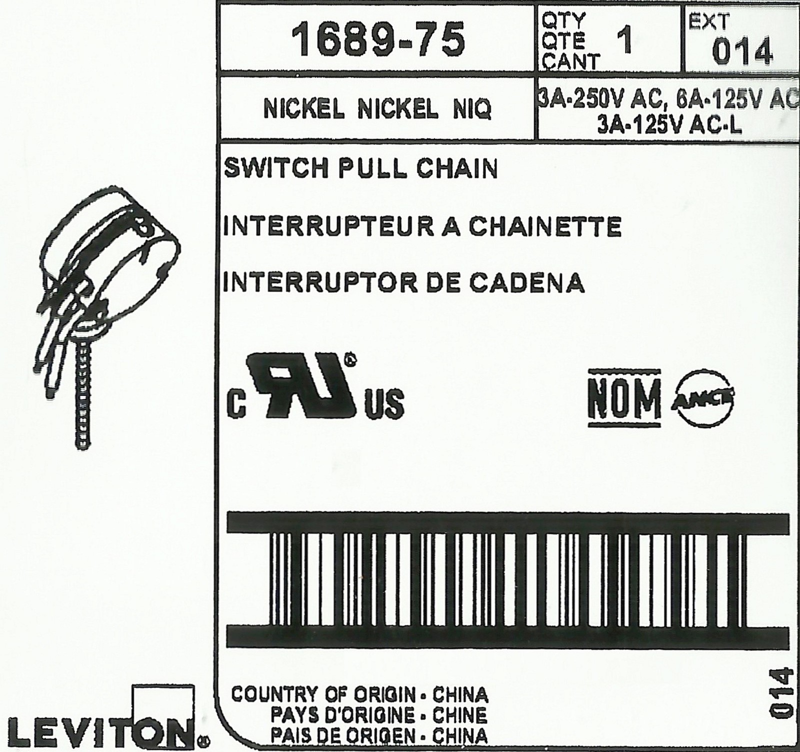 Heavy Duty PULL CHAIN SWITCH 6A SPST Ceiling Fan Light Fixture LEVITON