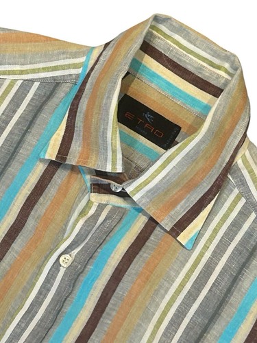 Men’s Etro Linen Shirt Long Sleeve Striped Multicolour Milano Large Italian - 第 2/23 張圖片