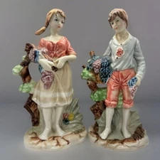 Vintage Artmark Figurines Hand Painted Porcelain Couple Gathering Grapes ￼