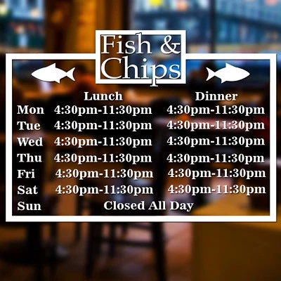CONCEPT GRAPHICS Fish & Chip Shop Personalised Custom Times Wall Window Sign Vinyl Decal Sticker